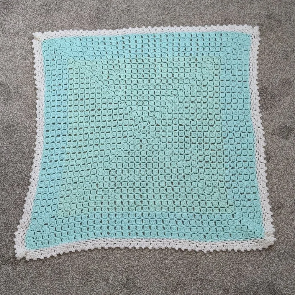 Crocheted Handmade Teal & White Baby Afghan; 36